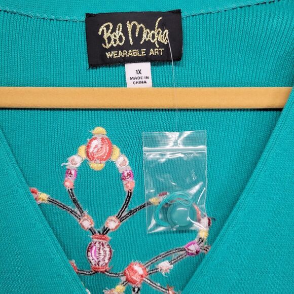 Bob Mackie Cardigan Womens Sweater 1X Green Embroidered Dream Catcher Button XL - Picture 2 of 11